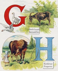 Lettera G e H: Buone anatre, capra golosa, audacia e Haquenee. Incisione in "ABC L