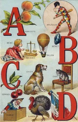 Lettere A B C D; Albicocche; Arlecchino; Bilancia; Palloncino; Bebe; Ciliegie; Gatto Sedia; Cane; Coperta; Diavolo; Tacchino; Bandiera