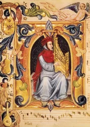 Lettrine con un uomo e un organo che inizia una partitura dal Codex Squarcialupi (di Antonio Squarcialupi)