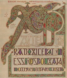 Vangeli di Lindisfarne, pagina Christi autem. British Museum, c700 d.C., 1935