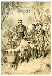 Livingstone debole per la febbre scortato alla città di Shinte, c1854, 1883