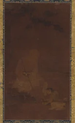 Lohan seduto, un attendente inginocchiato davanti a lui, dinastia Yuan o Ming, 1279-1644