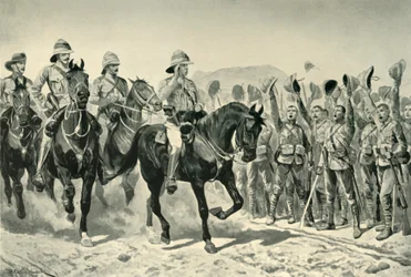 Lord Roberts acclamato dalle truppe al suo arrivo al Wonder River