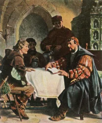 Lutero come Junker Jörg nella locanda di Jena con studenti svizzeri, 1522, 1936