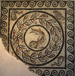 Lione, regione Alvernia-Rodano-Alpi, dipartimento del Rodano. 69000 Mosaique de Choulans, scoperta nel 1967. Rappresentante un pesce