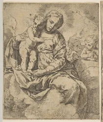 Madonna e Bambino seduti sulle nuvole e circondati da angeli, copia inversa