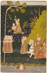 Maharaja Abhai Singh, Equestre, osserva le ragazze che dondolano al Festival di Teej, c. 1740