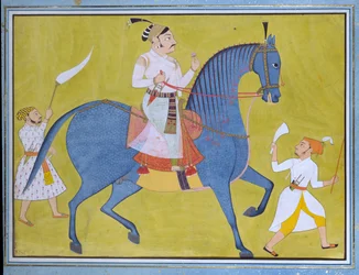 Maharaja Pratap Singh di Sawar a cavallo, con due attendenti a piedi, c1700