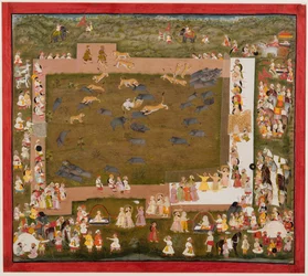 Maharaja Sangram Singh e la sua corte osservano una lotta tra tigri e cinghiali a Sadri