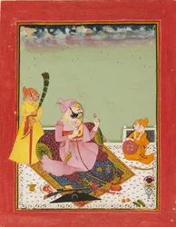 Maharao Ajit Singh su una terrazza con figlio e attendente, c1770