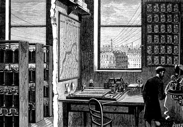 Stazione principale della Exchange Telegraph Company, Londra, 1882