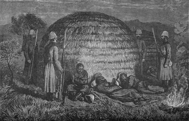 Il maggiore Marter e i suoi uomini che sorvegliano Cetewayo nel kraal nativo, c1880