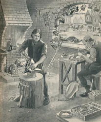 Fabbricazione di armature per i cavalieri di un tempo, c1934