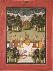 Malar Ragini: Krishna che Suona il Flauto a Sette Gopi che Tengono Strumenti Musicali..., c. 1760