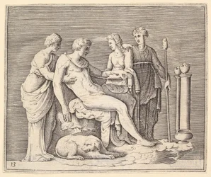 Uomo Assistito da Tre Donne, pubblicato ca. 1599-1622