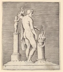 Uomo con torcia tra altare fiammeggiante e statuetta, pubblicato ca. 1599-1622