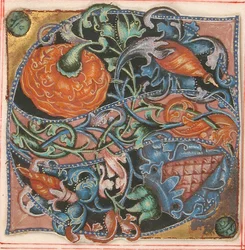 Illustrazione di manoscritto con iniziale S, da un libro corale, tedesco, XVI secolo