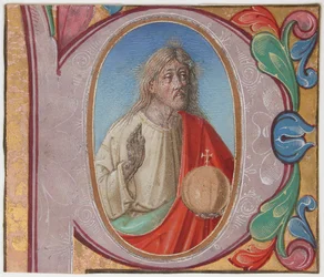 Illustrazione manoscritta con Salvator Mundi in una iniziale P, da un libro corale, inizio XVI secolo