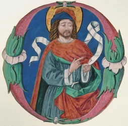 Manoscritto miniato con la figura di un santo in una iniziale O, italiano, ca. 1480