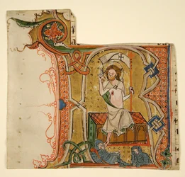 Foglio manoscritto con iniziale illuminata R con La Resurrezione, fine XIII secolo