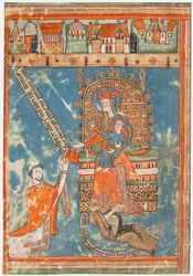 Foglio di manoscritto con dedica di un libro alla Vergine, tedesco, ca. 1400