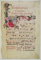Foglio di manoscritto con iniziale E, da un antifonario, italiano, XVI secolo