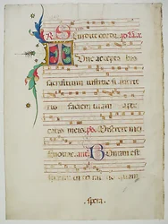 Foglio di manoscritto con iniziale T, da un antifonario, italiano, XV secolo