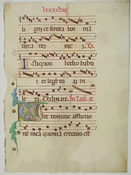 Foglio di manoscritto con iniziale V, da un Antifonario, italiano, XV secolo