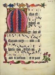 Foglio di manoscritto con iniziale M, da un antifonario, tedesco, ca. 1425-50