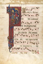 Foglio di manoscritto con il martirio di San Pietro Martire in una lettera P, ca. 1270-80