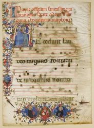 Foglio di manoscritto con la Visitazione in una iniziale A e il cardinale Adam Easton..., italiano, ca. 1400
