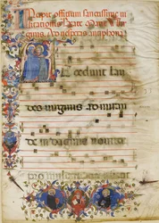 Foglio di Manoscritto con la Visitazione in una Iniziale A e Cardinale Adam Easton..., ca. 1400