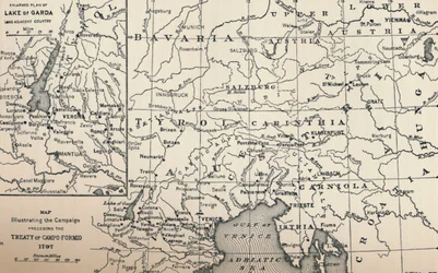 Mappa che illustra la campagna precedente il Trattato di Campo-Formio, 1797, 1896