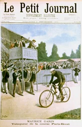 Maurice Garin vincendo la corsa ciclistica Parigi-Brest, 1901