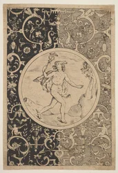 Mercurio in una cornice decorativa con grottesche