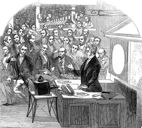 Michael Faraday che tiene una lezione su elettricità e magnetismo, Royal Institution, Londra, 1846