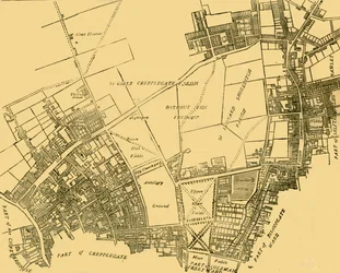 Moorfields e i suoi dintorni da una mappa del 1720 circa, ca. 1872.