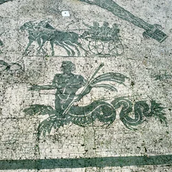 Mosaico, Carri trainati da muli con viaggiatori, Cisarii, I secolo d.C.