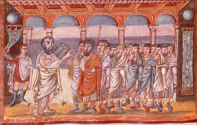 Mosè riceve le tavole della legge Miniatura dalla Bibbia di Moutier-Grandval, ca 830-ca 840