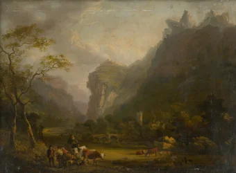 Valle di montagna con gruppo figurativo in primo piano