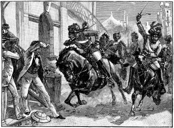Ribelli sepoy a cavallo che caricano per le strade di Delhi, Rivolta indiana, maggio 1857 c1895