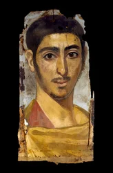 Ritratto di una mummia in encausto su pannello di legno: giovane uomo, forse un soldato, 193 - 235