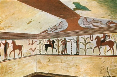Pittura murale nella Tomba del Barone a Tarquinia, Italia, 1928
