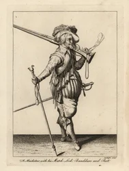 Moschettiere con il suo archibugio, bandoliere e appoggio per moschetto