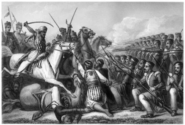 Cavalleria ribelle che attacca una piazza di fanteria alla Battaglia di Cawnpore, 1857, c1860
