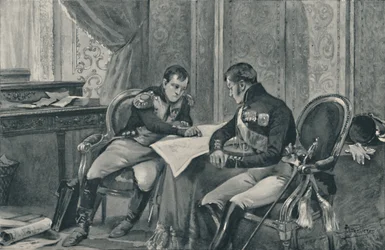 Napoleone e Alessandro a Tilsit studiando la mappa dell