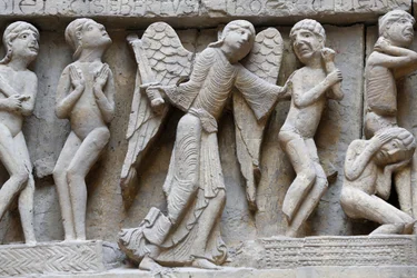 Museo nazionale dei monumenti francesi. Cattedrale di Saint-Lazare, Autun. Facciata occidentale. Il Giudizio universale. Calco. Primo piano, Parigi, Francia