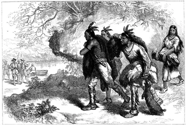 Nativi americani che portano pelli di castoro ai commercianti europei, XVII secolo c1880