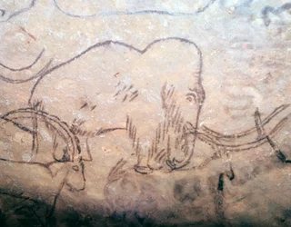 Pittura rupestre neolitica di un mammut e di stambecchi