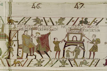 Notizie riguardanti Harold portate a Guglielmo e una casa bruciata dai Normanni, Arazzo di Bayeux